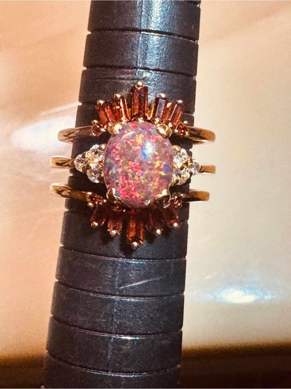 Brilliant 925 Silver Gold Plated Red Fire Opal w/Two Rich Garnet Accent Bands!